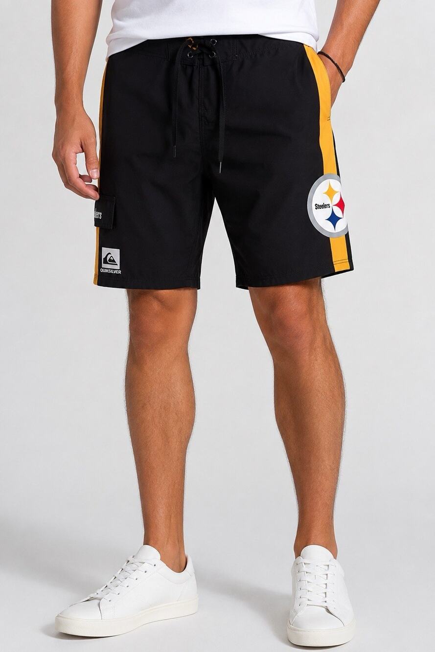Pittsburgh Steelers Shorts Mens 38 Black NFL Football Quiksilver Swim Trunks